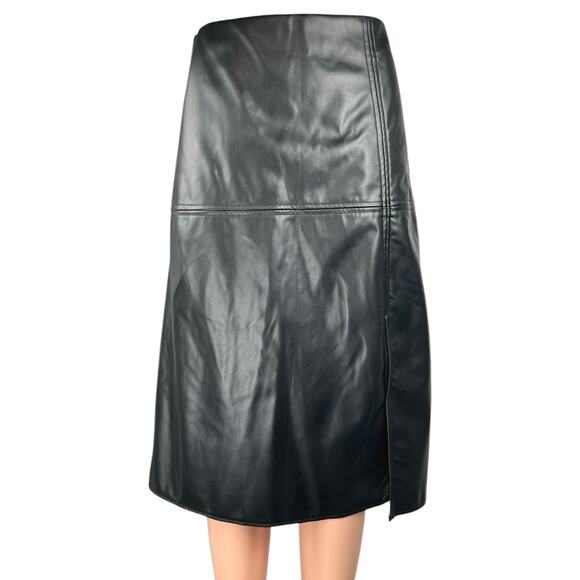 Women's Black Faux Vegan Leather High Waist Zipper A-Line Midi Skirt Size L - Picture 1 of 4